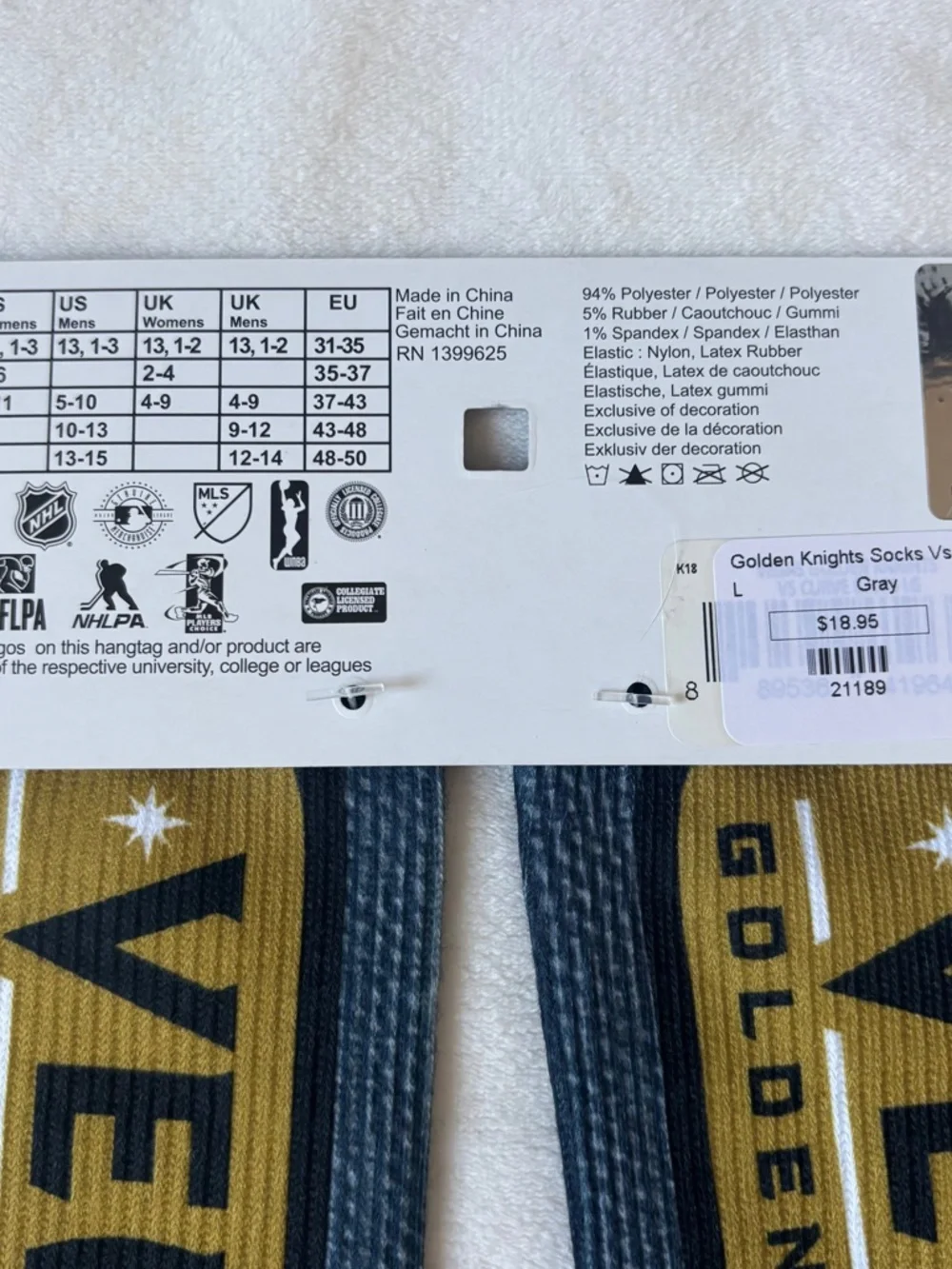 Vegas Golden Knights Socks VGK Hockey NHL FBF Originals Gray Men L 10-13 NWT